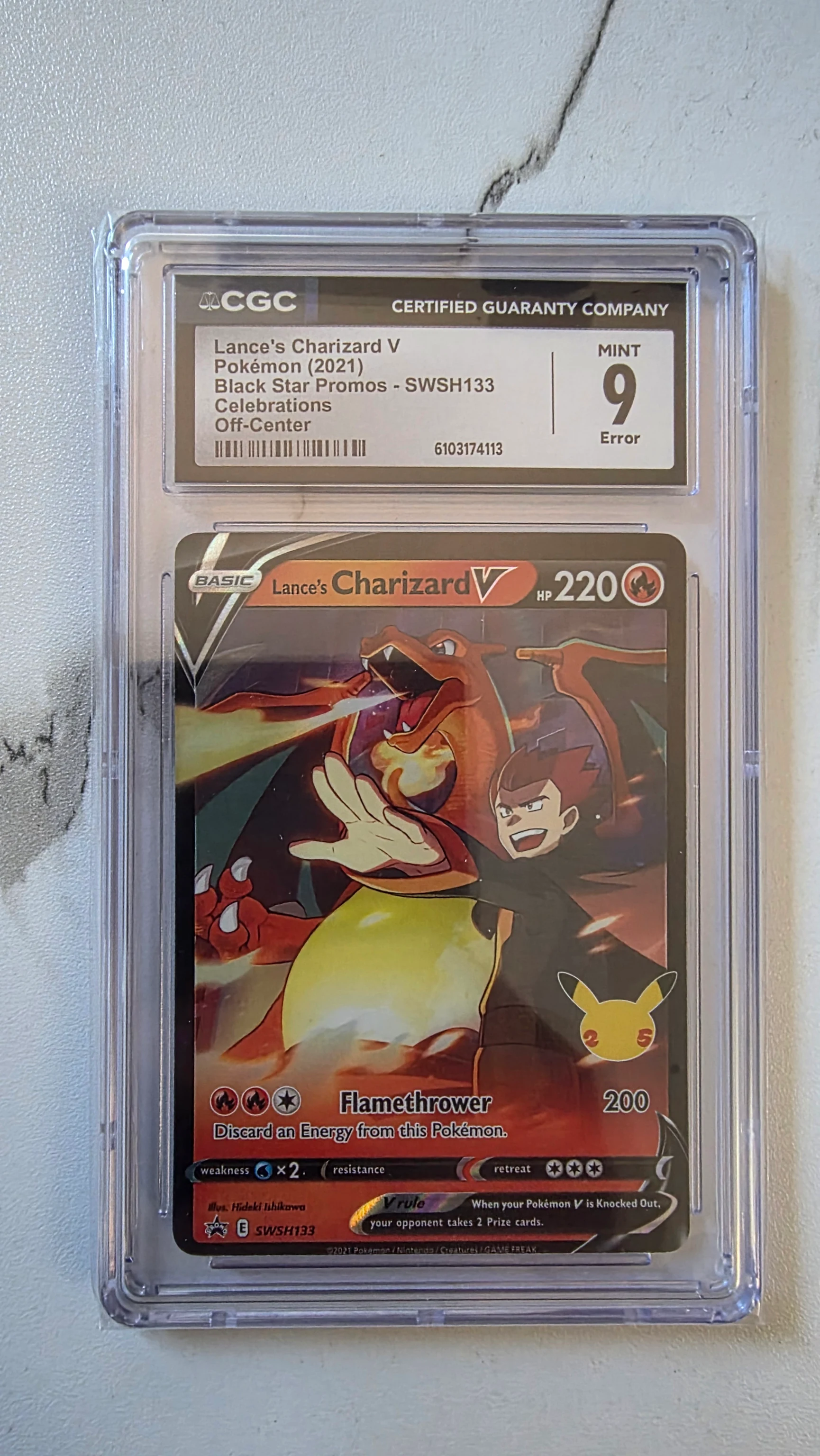 CGC 9 Error Lance’s Charizard V SWSH133 Off-Center Celebrations Pokémon Card image 1